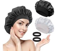 2PCS Bonnet Satin Cheveux Nuit, Bonnet de Nuit en Soie Doux et Réglable, Charlotte Cheveux Satin Anti-Dérapante, Pour Femme et Homme, 2 Pièces (Noir, Argent) + 2 Elastique Cheveux