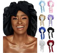 2Pcs Bonnet Satin Cheveux Nuit Bonnet en Soie pour Femmes Taille de tête Ajustable pour Cheveux naturels bouclés (FR/ES, Alpha/Lettres, Taille Unique, Bleu+Noir)