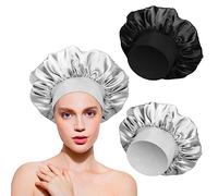 2pcs Bonnet Satin Soie Nuit Femme pour Soin des Cheveux Longs Spa Dormir Masque (Noir Gris)