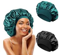 2pcs Bonnets de Nuit Doux pour Femme, Bonnet De Nuit Satin élastique, Réutilisable Chapeaux de Sommeil, Bonnet de nuit en satin lâche et serré pour Soin Cheveux, Maquillage (Green + Black)