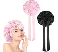 2Pcs Bonnets de Nuit en Satin avec Bande Large Ajustable, Bonnet en Soie Réutilisable, Chapeau Sommeil Respirant, Capuchon Couchage Élastique pour Protection Cheveux Longs, Courts, Bouclés (Noir,Rose)