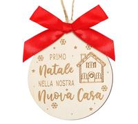 2pcs Boule de Noël Bois Suspension Ronde Primo Natale Nella Nostra Nuova Casa Italien Ornement Suspendu Pendentif avec Noeud Papillon Ficelle Graver Simple Face Décoration de Sapin de Noël