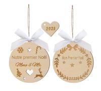 2pcs Boule de Noël Mon Premier Noël,Boule Mon 1er Noël avec Blanc Noeud Papillon,Ornement Suspendu en Bois, Cadeau de noël, Naissance