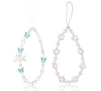 2pcs Bracelet de Téléphone Perlé, Cristal Papillon Fleur Perle Bracelet de Poignet Perlé pour Téléphone Charm Clé Mignon Accessoires pour Femmes (Blanc, Bleu)