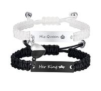 2PCS Bracelets Couples Je t‘aime Acier Inoxydable et Cordon Ajustable, Chaînes de Main pour Couples Amoureux Femme Homme Cadeaux Romantiques Saint Valentin Mariage (Her King - His Queen)