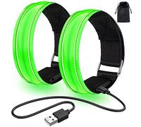 2PCS Brassard Lumineux LED Rechargeable, Bracelet Lumineux LED Bande Reflechissante pour Velo Running Course à Pied (câble USB & Sac à Ranger Inclus) - Élastique Vert