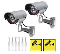 2pcs Caméra Factice, Caméras Factices, Camera Exterieur Caméra De Surveillance avec LED Clignotant Lumière Rouge, Autocollants D'avertissement De Sécurité Et Vis pour Usage Intérieur Extérieur Argent