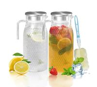 2pcs Carafe Eau Plastique 1,6L Avec Couvercle et Poignée en Acier Inoxydable, Pichet à Eau Plastique Pichet en Acrylique pour Réfrigérateur, Carafe D'eau Carafe Plastique pour thé Glacé, Jus（1,6L）