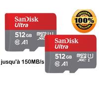 2PCS Carte Mémoire micro SDXC SanDisk Ultra 512 Go Vitesse de Lecture Allant jusqu'à 150MB/S, Classe 10, U1, A1 Adaptateur SD