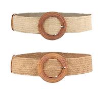 2pcs Ceinture Élastique Femme, Ceintures Élastiques en Paille avec Boucle en Bois Tressée pour femmes (Blanc, Beige Clair)