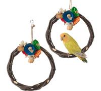 2pcs Cercle Pomme Branche Bois Paille Stand Perchoirs Oiseaux Stand Suspendu Jouets à Mâcher Pour Perroquets Oiseau Aire de Jeux Cage Accessoires Recherche de Nourriture