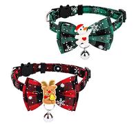 2pcs Collier Chat Noël, 18-30cm Réglable Collier de Chat avec Noud Papillon Détachable Collier de Chat avec Cloches Collier de Chat Mignon pour Chat Bonhomme de Neige de Noël