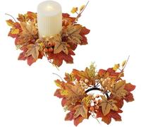2pcs Couronnes De Bougies d'automne,Porte-Bague avec Couronne De Feuilles D'érable, Anneaux De Bougies Piliers Artificiels en Feuilles D'érable Et Baies, pour Thanksgiving, Halloween