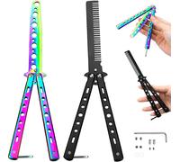 2pcs Couteau Papillon D¿Entraînement Et Butterfly Comb Sans Lame Couteau Butterfly Peigne En Acier Pliable Couteau Balisong Butterfly Knife Pratiquent Des Astuces De Flipping Débutants