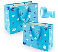 2pcs Dog Paw Sacs Cadeaux Anniversaire, Bleu Sacs Papier Cadeaux avec Ruban, Party Decoration Anniversaire pour Enfants Adultes