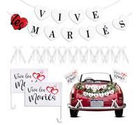 2pcs Drapeau pour voiture imprimé Vive Les Mariés +Bannière Vive Les Mariés Banderole de Mariage en Forme de Coeur + 10pcs Nœuds Blancs avec mini Cœurs Decorative Decoration pour Mariage