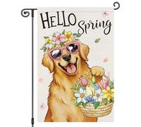 2Pcs Drapeaux Bonjour Les Fleurs Printanières Golden Retriever Drapeau | 30X45Cm Drapeau De Jardin Éclatantes Double Face Drapeaux De Jardin Pour Plage Toutes Les Saisons
