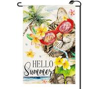 2Pcs Drapeaux Bonjour Summer Cat Flower Bienvenue Drapeau De Cour