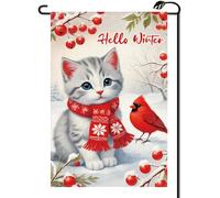 2Pcs Drapeaux De Jardin Bonjour Hiver Chat Mignon Noël Bienvenue Drapeau