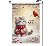 2Pcs Drapeaux De Jardin Bonjour Hiver Chat Mignon Oiseau Cardinal De Noël