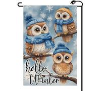 2Pcs Drapeaux De Jardin Écharpe D'Hiver Bonjour Hiboux Animaux Neige Bleu