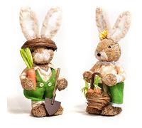 2Pcs Easter Bunny Figurines - Standing Straw Woven Statues for Holiday Home Decor