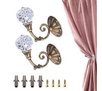 2PCS Embrasses De Rideaux, Rideau Metallique Attaches De Rideaux Embrasses De Rideaux en Métal avec Boule De Cristal Crochet D'embrasse à Vis Fixé Au Mur pour La Décoration Intérieure(Bronze)