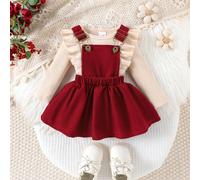 2pcs Ensemble Body Manches Longues & Robe Salopette en Velours Côtelé pour Bébé Fille, Printemps/Automne 6-9M,9-12M,12-18M,1-3M,3-6MBlocs de couleurÉtoffe