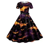 2Pcs Ensemble de Costume Deguisement Halloween, Robe Gothique Chic Et Elegant Manches Courtes Imprimée, avec Ceinture pour Costumes, Fête des Morts, Carnaval, Cosplay