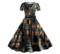 2Pcs Ensemble de Costume Deguisement Halloween, Robe Gothique Chic Et Elegant Manches Courtes Imprimée, avec Ceinture pour Costumes, Fête des Morts, Carnaval, Cosplay