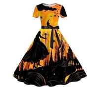 2Pcs Ensemble de Costume Deguisement Halloween, Robe Gothique Chic Et Elegant Manches Courtes Imprimée, avec Ceinture pour Costumes, Fête des Morts, Carnaval, Cosplay