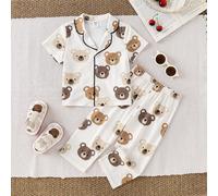 2pcs Ensemble de pyjama imprimé pour bébé garçon et bébé fille, top à manches courtes avec col ouvert et imprimé ours mignon de dessin animé, pantalon long à taille élastique, ensemble 2 pièces, tenue