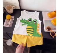 2pcs Ensemble Débardeur & Short d'été pour bébé garçon, Imprimé Crocodile Vert dessin animé Mignon Surdimensionné Sur le Devant, Associé à un Short Jaune Vif 6-9M,9-12M,12-18M,18-24M,2-3YAnimalPolyest