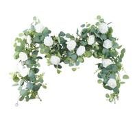 2pcs Eucalyptus Guirlande avec des Roses Blanches, Guirlande Florale réaliste Artificielle 6ft de Noël Eucalyptus Garland décor pour la Table de mariée