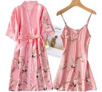 2Pcs Femme Sexy Pyjama en soie Chemise de nuit Sous-vêtements Pyjamas de nuit Taille L, Rose