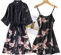 2Pcs Femme Sexy Pyjama en soie Chemise de nuit Sous-vêtements Pyjamas Taille XXL, Noir