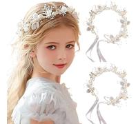 2PCS Flower Girl Headpiece, 15.8 Inch Metal Pearl Headband with Ribbon, Flower Girl Hair Accessory for Birthday, Party, First Communion, Wedding Headpiece