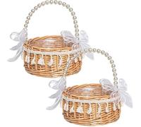 2pcs Flower Girl Panier, 8x6, 5 Panier en osier tissé avec poignée et arc de ruban blanc pour les mariages de Pâques Party Picnic Outdoor Home Garden Decor