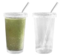 2pcs gobelets en verre transparent nervurés, réutilisables, avec paille et couvercle, pour jus, lait, bière, whisky, 375ml