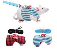 2pcs Harnais de Hamster et Corde de Traction Petit Animal en Plein air Marche Gilet Sangle de Poitrine pour Lapin écureuil Lapin Furet Grille Cochon d'Inde Rouge Grille + Rayures Bleues(XS)
