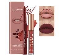 2pcs Matte lipliner crayon et rouge à lèvres set, Pigment crème velours Nude lip gloss Imperméable à l'eau durable naturel One Step lip gloss Ensemble cadeau maquillage (#06)