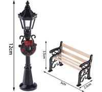 2Pcs Miniature Christmas Street Lamp Post Park Bench Seat Mini Street Light Model Dollhouse Xmas Village Pathway Fairy Garden Accessories