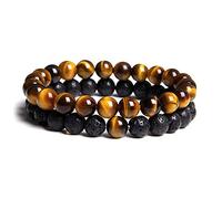 2pcs Naturel 8 mm Tiger Eye Ginger Yellow Breded Black Lava Volcanic Stone Stretch Breded Charm Bracelet For Women Men Couple Couple Friend Gift