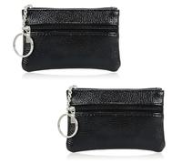 2PCS Noir Mini Porte-Monnaie Cuir, Mini Portefeuilles Compacts avec 2 Compartiments Zippés et Porte-Clés, Portefeuille de Poche Élégant et Pratique pour Femme Homme Fille Garçon Cadeau Voyage