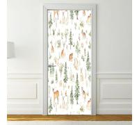2pcs Orange Vert Auto-adhésif Sticker de Porte, Forêt Animaux Feuilles | 80 x 200 cm Imperméable Durable Autocollant de Porte, Aquarelle Nature Sticker pour Mur Salon Chambre Placard Bain Décoration