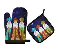 2pcs Oven Gloves and Pot Holders Set Noël des Rois Mages Mitts for Grilling Washable Microwave Oven Glove for Kitchen, Baking, Cooking