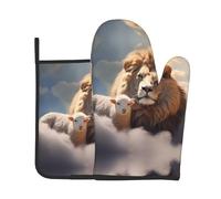 2Pcs Oven Mitts and Pot Holders Agneau avec Un Lion sur Les Nuages (Imprimé) Oven Gloves Imprimer Résistant À La Chaleur Ensemble De Cuisine avec, pour Four, Cuisiner, Décorations Cuisine