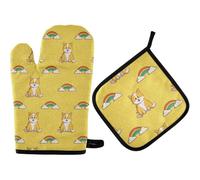 2Pcs Oven Mitts and Pot Holders Chien Corgi Jaune Arc-en-Ciel Jaune Kitchen Mitts Imprimer Soft BBQ Gloves, pour Griller, Cuisiner, Patisserie