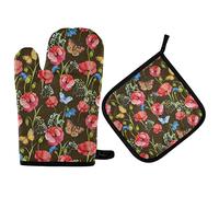 2Pcs Oven Mitts and Pot Holders Coquelicot Et Papillon Coquelicot Et Fleur Sauvage Pot Pads Coton Doublure Résistant À La Chaleur Maniques, pour Griller, Décorations Cuisine, Cuisiner