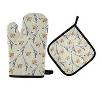 2Pcs Oven Mitts and Pot Holders Fleur Et Tour Eiffel Tour Eiffel Paris Beige Pot Pads Soft Coton Doublure Ensemble De Cuisine avec, pour Micro-Ondes, Four, Cuisiner